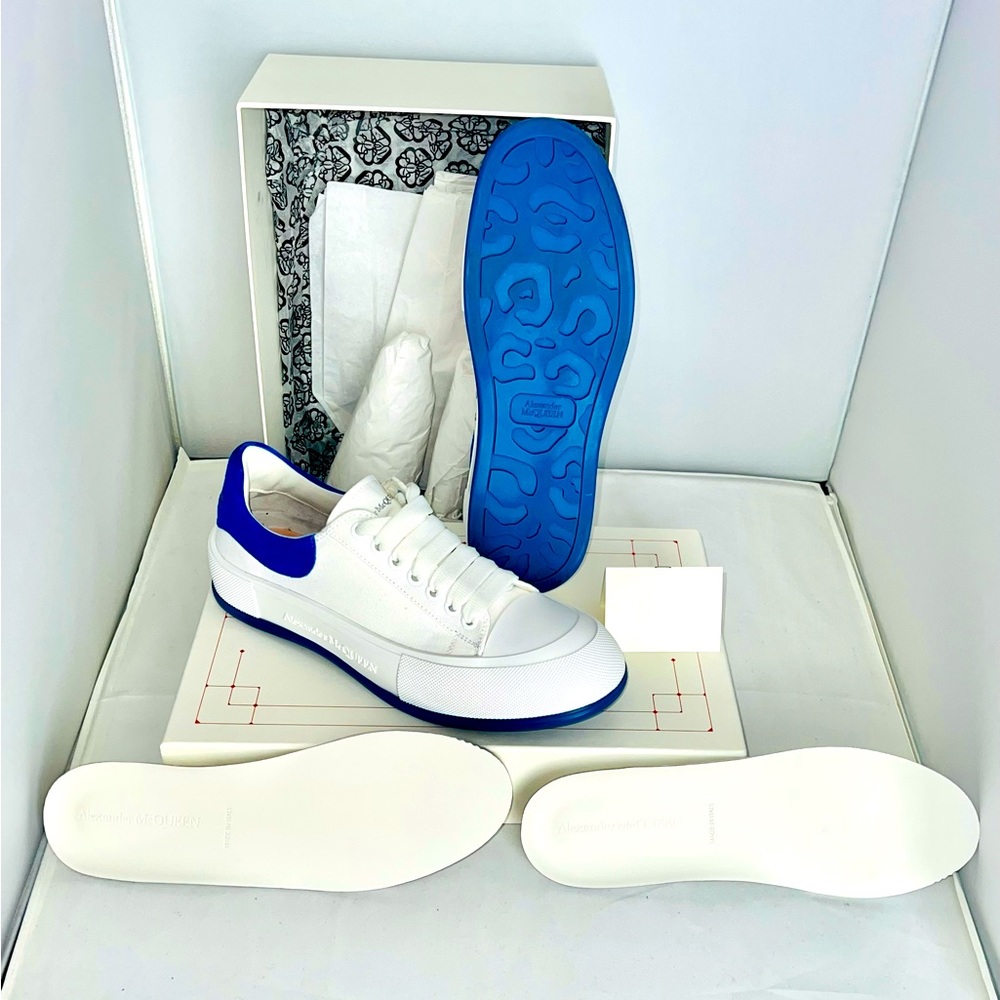 Barely used Alexander McQueen Deck Plimsoll All White With Royal Blue EU44, US10